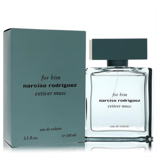 Elevate your style with Narciso Rodriguez Vetiver Musc for him 3.3 oz Eau De Toilette. Clear glass bottle, sleek teal cap, and matching box.