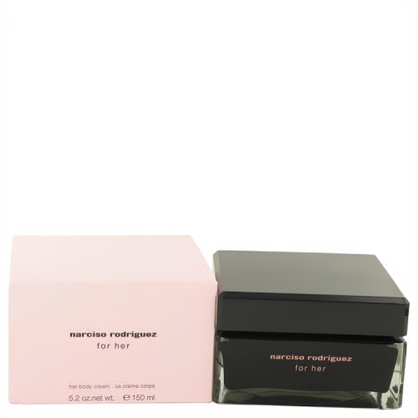 Luxurious Narciso Rodriguez for her body cream, 5.2 oz. Presented in a chic black jar and elegant pink packaging.