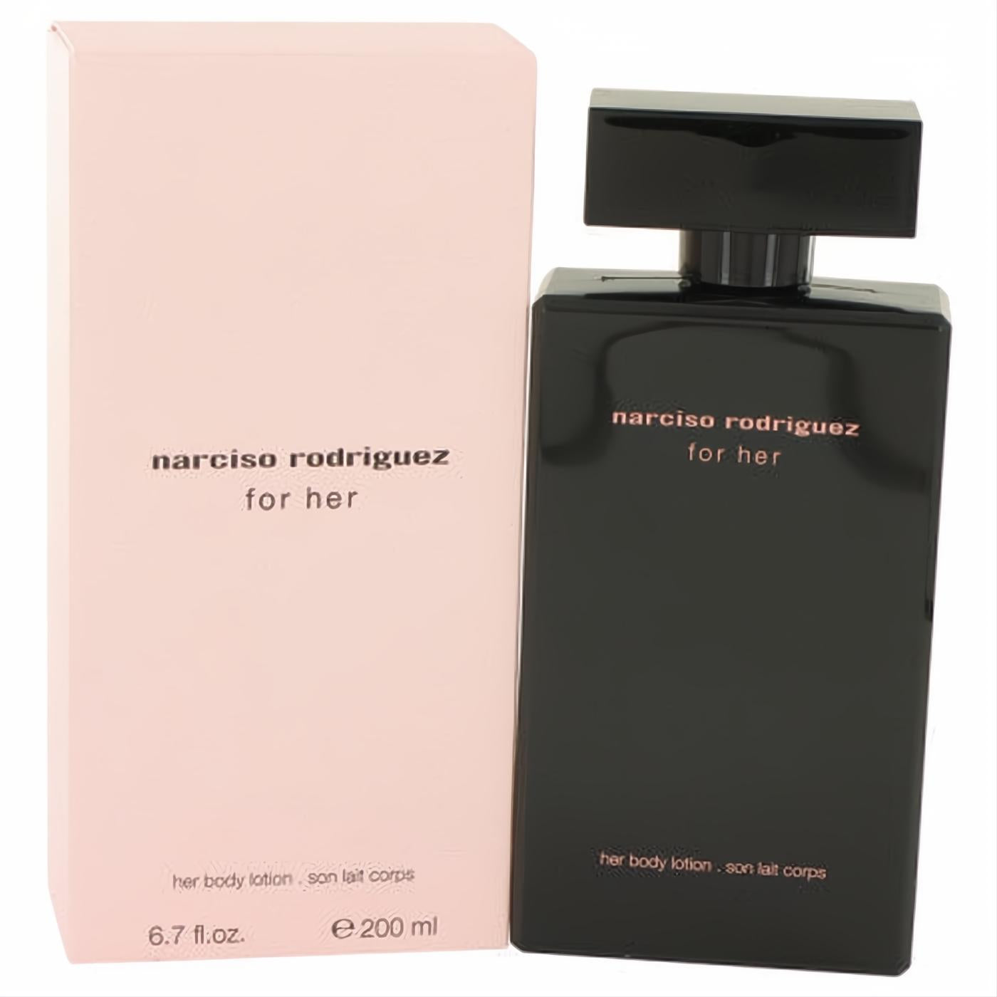 Luxurious Narciso Rodriguez "for her" body lotion, 6.7 oz. Sleek black bottle with rose gold text, paired with an elegant pink box.