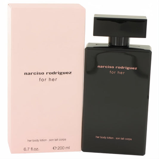 Luxurious Narciso Rodriguez "for her" body lotion, 6.7 oz. Sleek black bottle with rose gold text, paired with an elegant pink box.