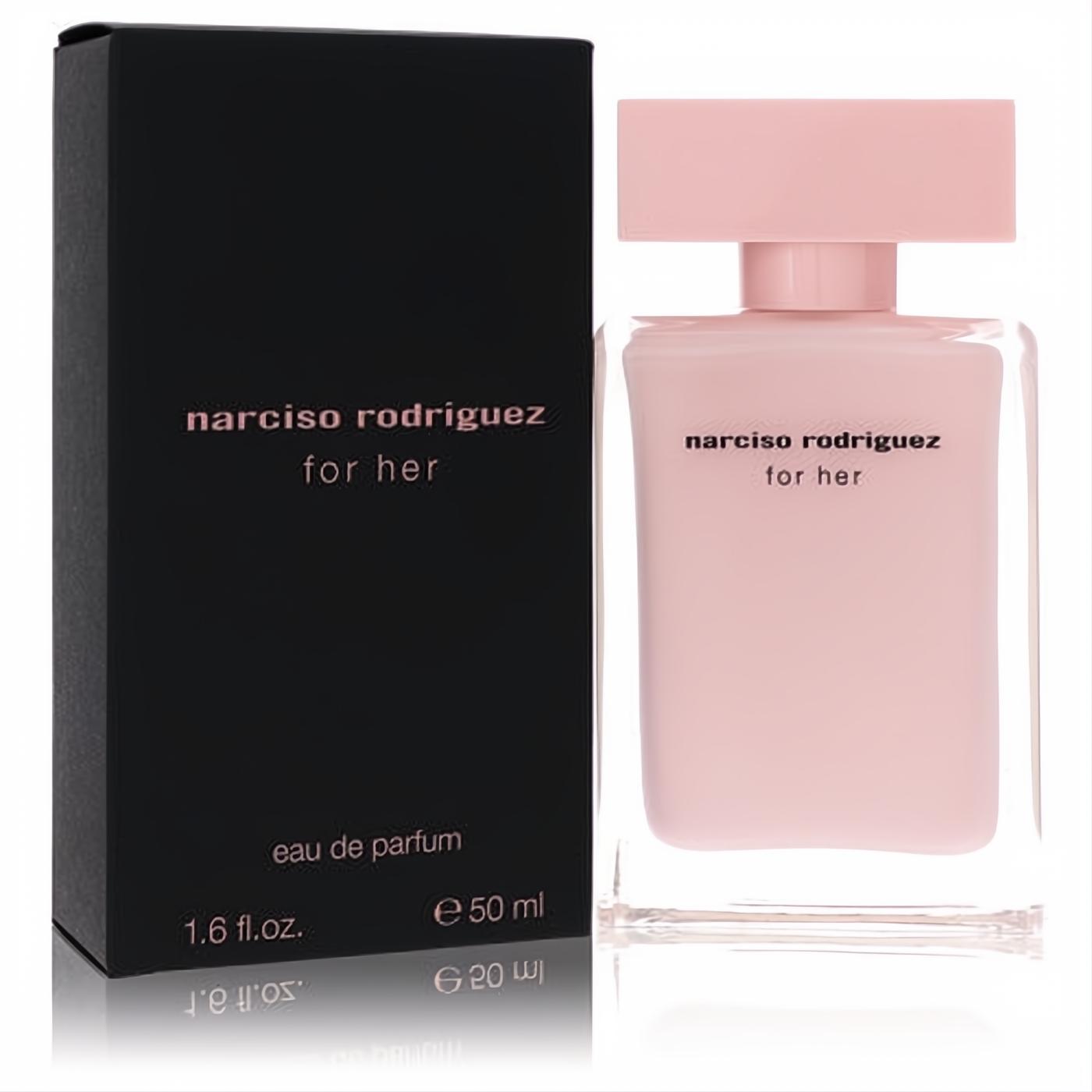 Luxurious Narciso Rodriguez 'for her' 1.6 oz pink Eau de Parfum spray bottle with matching cap, beside its elegant black box.