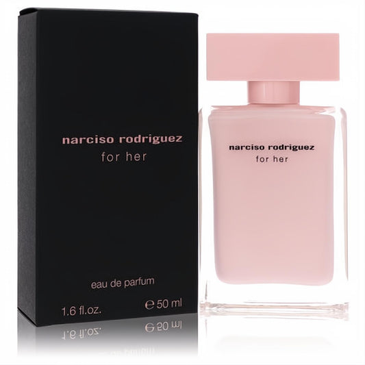 Luxurious Narciso Rodriguez 'for her' 1.6 oz pink Eau de Parfum spray bottle with matching cap, beside its elegant black box.