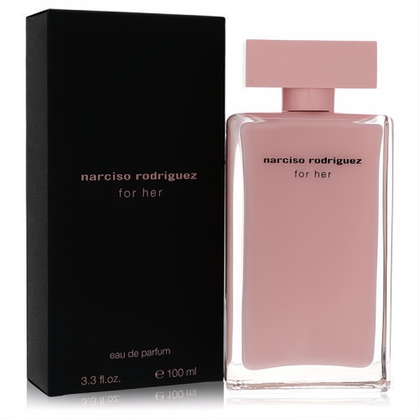 Sophisticated Narciso Rodriguez "for her" 3.3 oz Eau De Parfum. Modern pink glass bottle with matching cap and sleek black box.