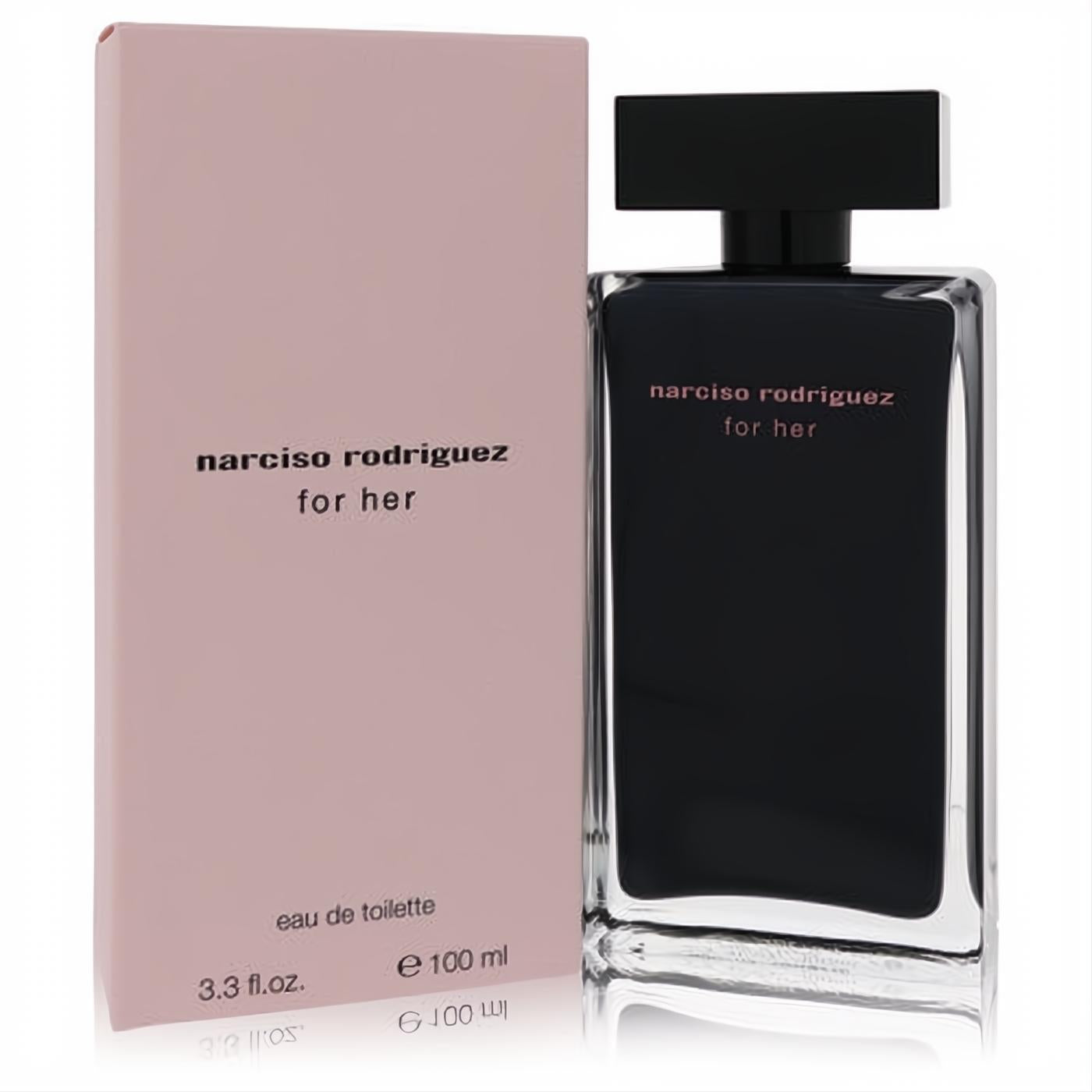 Elegant Narciso Rodriguez for her Eau De Toilette 3.3 oz. Sleek dark glass bottle with black cap and chic pink box.