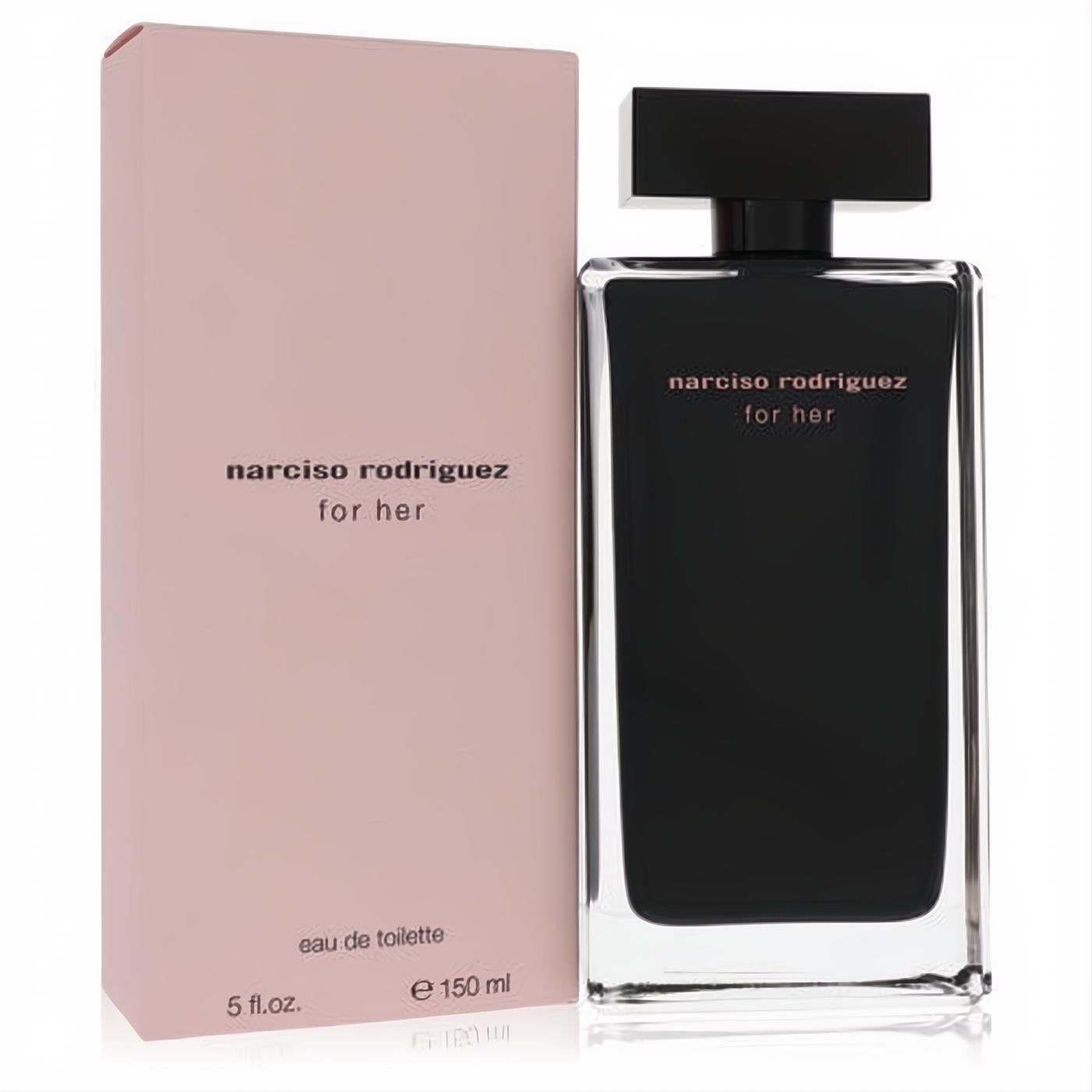 Discover Narciso Rodriguez For Her 5 oz Eau De Toilette. Sophisticated black glass bottle, elegant light pink box.