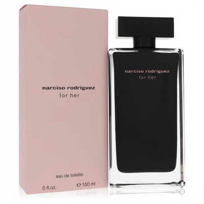 Discover Narciso Rodriguez For Her 5 oz Eau De Toilette. Sophisticated black glass bottle, elegant light pink box.