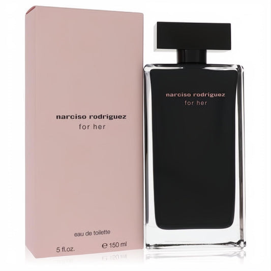 Discover Narciso Rodriguez For Her 5 oz Eau De Toilette. Sophisticated black glass bottle, elegant light pink box.