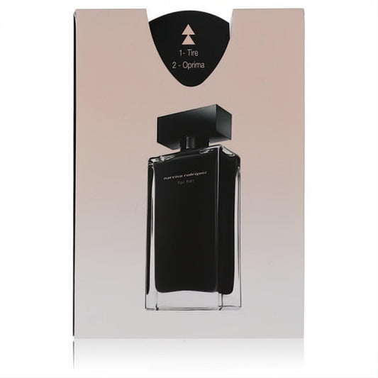 Elegant Narciso Rodriguez For Her mini EDP flat spray, featuring a sleek black glass bottle in a chic pink sample card.