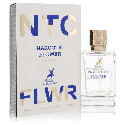 Maison Alhambra Narcotic Flower 3.4 oz EDP. Clear glass bottle with gold cap, elegant white box, gold & blue accents.