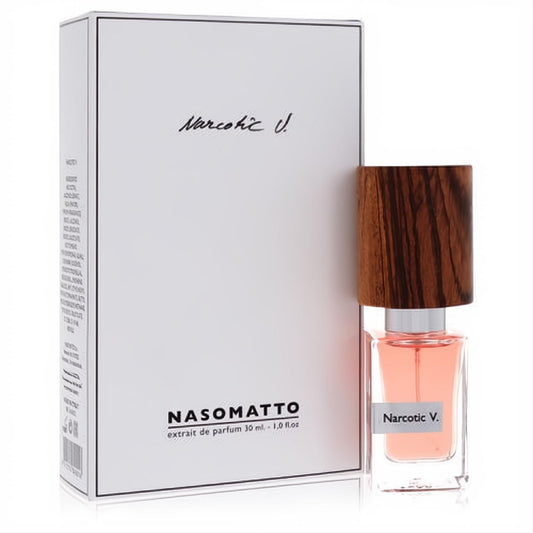 Elegant Nasomatto Narcotic V 1 oz extrait de parfum. Features a clear bottle with pink liquid, a luxurious dark wood cap, and a crisp white box.