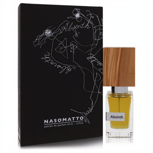 Nasomatto Absinth 1 oz pure perfume. Clear bottle with golden liquid, distinctive natural wood cap, and artistic black box.