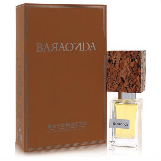 Nasomatto Baraonda 1 oz extrait de parfum. Clear bottle, unique textured cork cap, and elegant bronze box.
