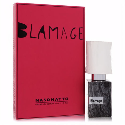 Distinctive Nasomatto Blamage 1 oz extrait de parfum: dark wood-grain bottle, white cap, and bold red box.