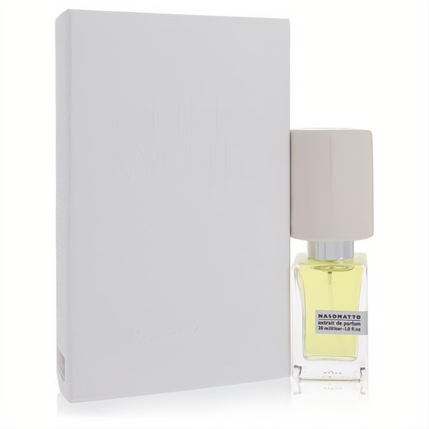 Elegant Nasomatto China White 1 oz pure perfume. Clear bottle with radiant yellow liquid, sleek white geometric cap, and sophisticated packaging.