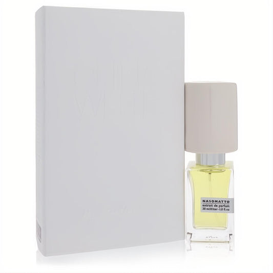 Elegant Nasomatto China White 1 oz pure perfume. Clear bottle with radiant yellow liquid, sleek white geometric cap, and sophisticated packaging.