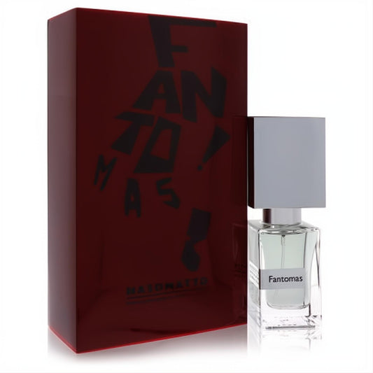 Nasomatto Fantomas Extrait De Parfum: sleek clear bottle with silver cap, alongside its bold dark red box.