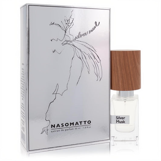 Nasomatto Silver Musk 1 oz pure perfume. Clear bottle with a warm wood cap, beside its elegant, artistic silver box.