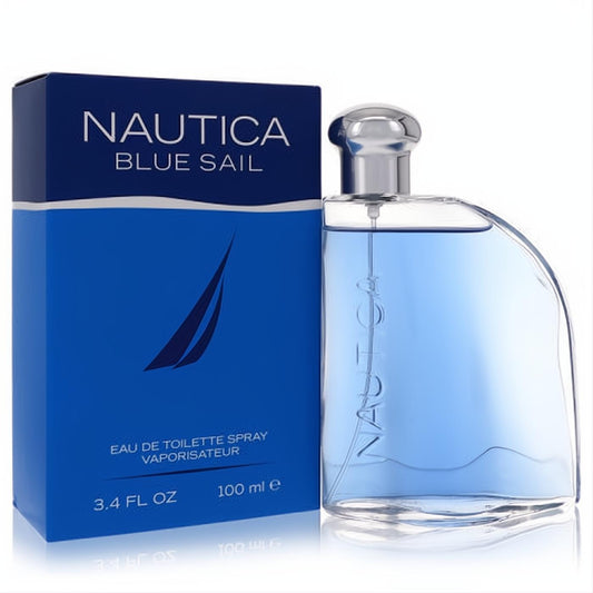 Nautica Blue Sail 3.4 oz men's EDT. Sleek clear glass bottle with light blue fragrance, silver cap, and vibrant blue box.