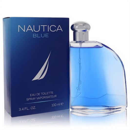 Nautica Blue 3.4 oz EDT in a striking curved blue glass bottle with a silver cap, beside its elegant dark blue box.