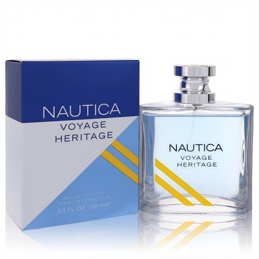Nautica Voyage Heritage 3.3 oz EDT. Clear bottle with refreshing blue liquid, sleek silver cap, and iconic yellow stripes. Bold white and blue box.