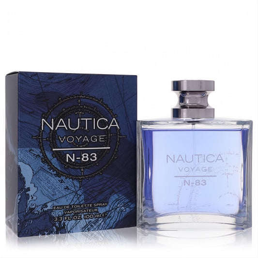 Nautica Voyage N-83 men's EDT, 3.3 oz. Sleek clear bottle with light blue liquid, silver cap, and a captivating dark blue map-design box.