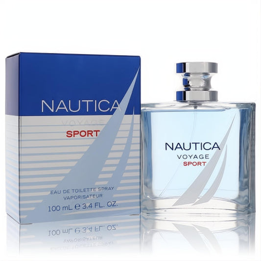 Nautica Voyage Sport 3.4 oz EDT for men. Fresh blue fragrance in a sleek glass bottle with silver cap, beside its vibrant blue and white box.