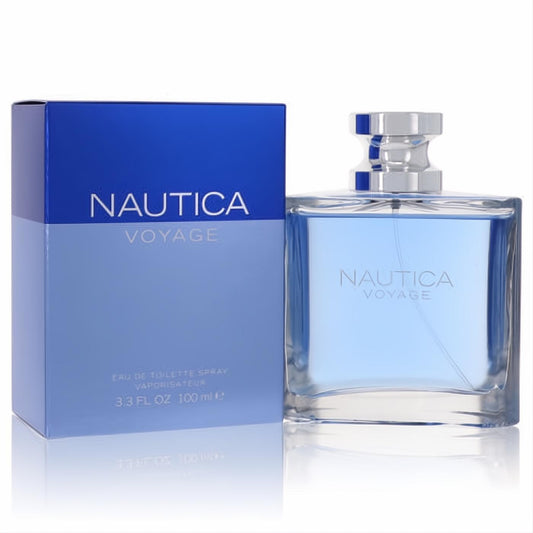 Nautica Voyage men's 3.3 oz EDT. Sleek clear bottle with blue liquid, silver cap, and matching blue box.