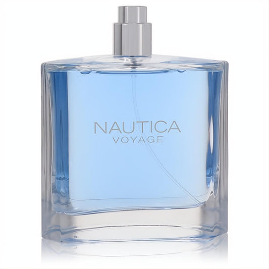 Nautica Voyage men's EDT tester, 3.4 oz. Clear glass bottle, vibrant blue fragrance, sleek silver cap.