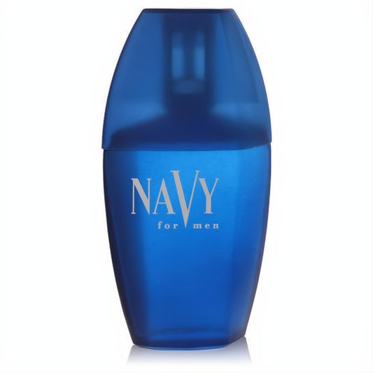Captivating navy blue 1.7 oz Navy For Men after shave bottle. Sleek, modern design with prominent silver branding.