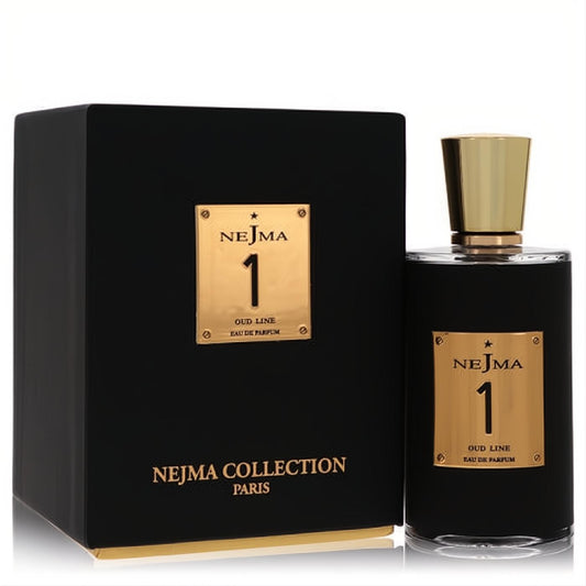 Elegant Nejma 1 Eau De Parfum 3.4 oz for women. Black bottle with gold cap and label, matching luxury box.