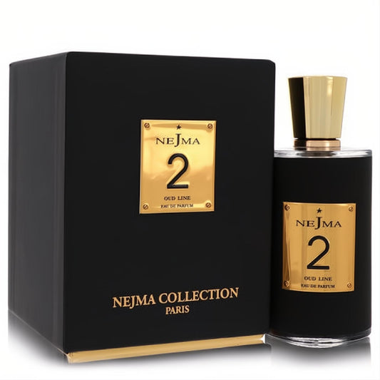 Elegant Nejma 2 Oud Line Eau De Parfum, 3.4 oz, in a black bottle with gold cap and luxurious matching box.