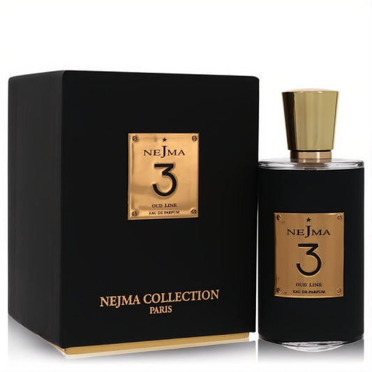 Luxurious Nejma 3 Eau De Parfum in a sleek black bottle with a radiant gold cap, alongside its elegant black and gold gift box.