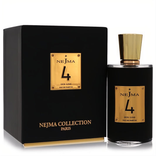 Luxurious Nejma 4 Oud Line Eau De Parfum 3.4 oz. Elegant black bottle, gold cap, and matching presentation box.