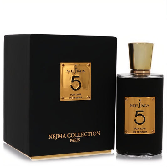 Discover Nejma 5 Eau de Parfum, a luxurious women's fragrance in a sleek black bottle with a radiant gold cap and matching box.
