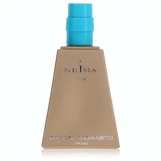 Nejma Aoud Five men's fragrance: sleek gold trapezoidal bottle with a vibrant turquoise cap.