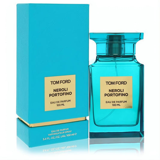 Experience Tom Ford Neroli Portofino 100ml EDP. Iconic turquoise glass bottle and matching box with sleek gold details.
