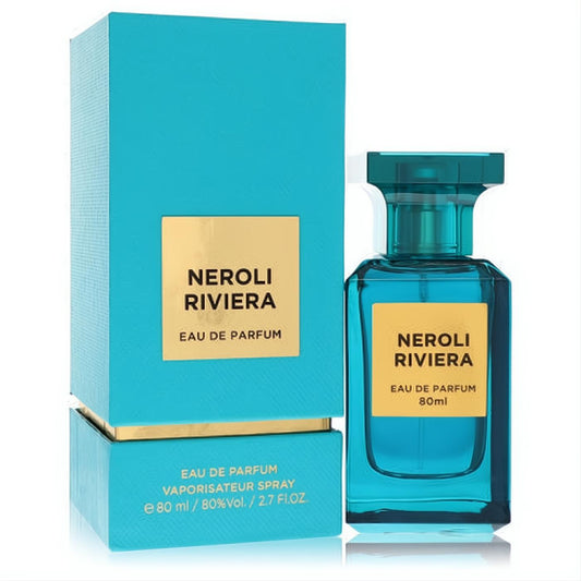 Elevate your scent with Neroli Riviera unisex Eau De Parfum. A vibrant turquoise 2.7 oz spray bottle and matching box.