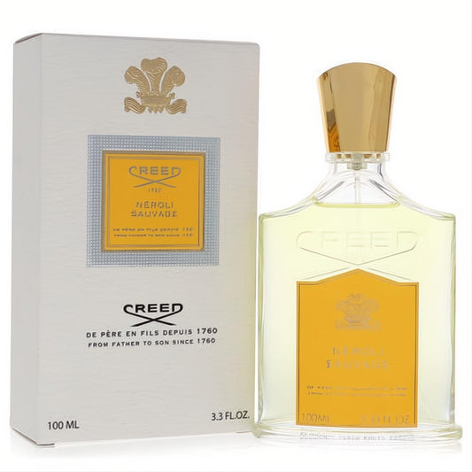 Classic Creed Neroli Sauvage 3.3 oz men's Eau de Parfum. Clear glass bottle with gold cap, yellow label, and elegant white box.