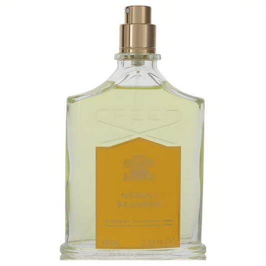 Luxurious Creed Neroli Sauvage 3.3 oz Eau de Parfum. Elegant clear glass bottle, gold sprayer, and vibrant orange label.
