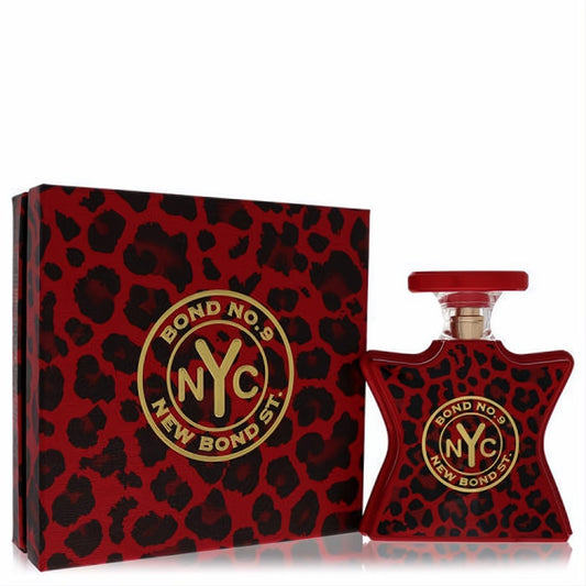 Luxurious Bond No. 9 New Bond Street EDP bottle and box in striking red leopard print with gold NYC logo.