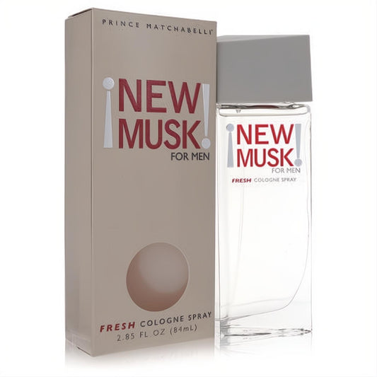 Prince Matchabelli New Musk for Men 2.85 oz cologne spray. Clear glass bottle, grey cap, and elegant beige box. Refresh your style.