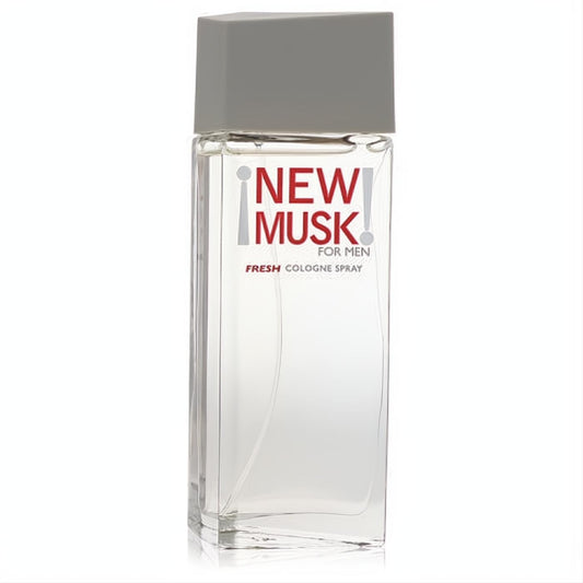 Elevate your scent with Prince Matchabelli New Musk For Men 2.8 oz cologne spray. Clear glass bottle, grey cap, bold red text.
