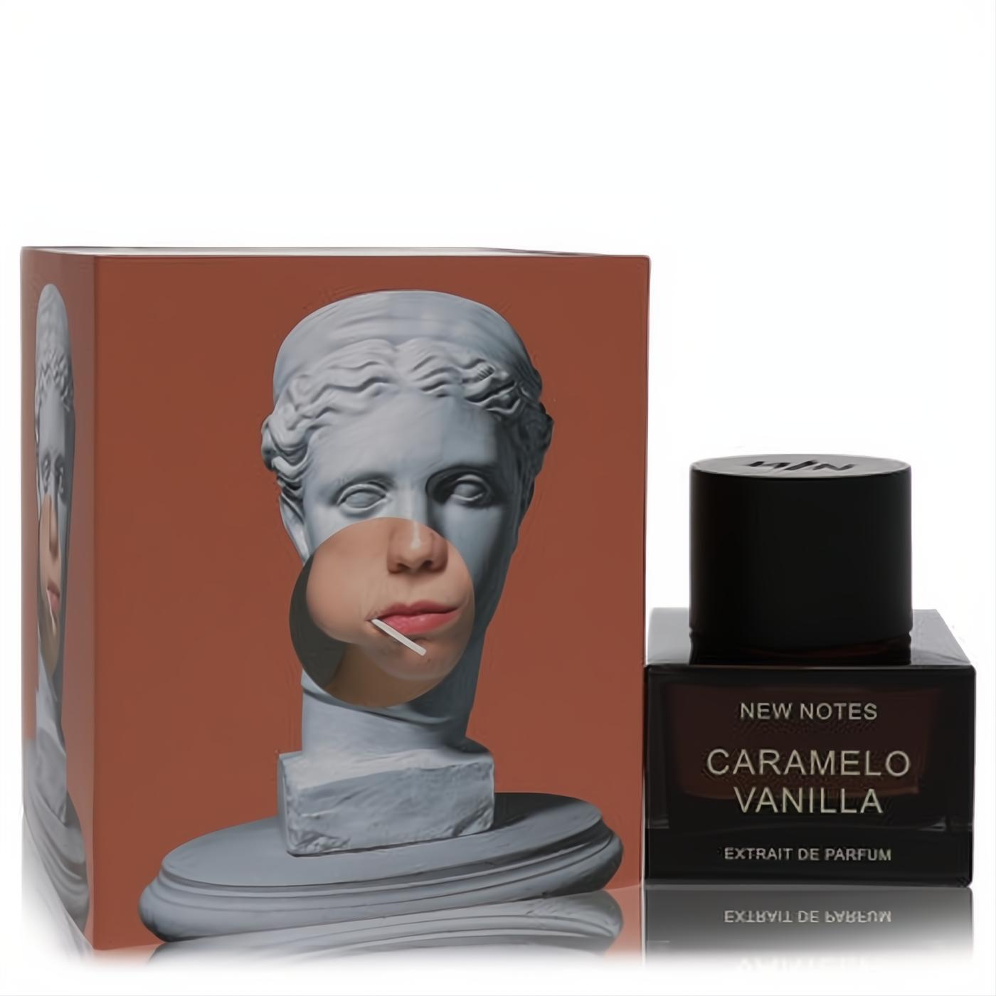 New Notes Caramelo Vanilla Extrait De Parfum: sleek dark glass 1.7 oz bottle with artistic orange box featuring a classical bust.