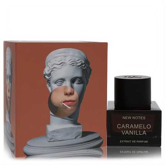 New Notes Caramelo Vanilla Extrait De Parfum: sleek dark glass 1.7 oz bottle with artistic orange box featuring a classical bust.