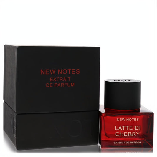 New Notes Latte Di Cherry 1.7 oz unisex extrait de parfum. Vibrant red glass bottle, sleek black cap, and matching black box.