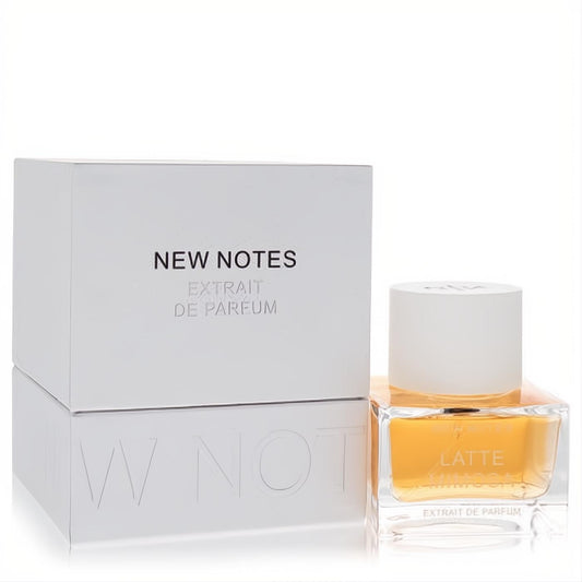 New Notes Latte Mimosa 1.7 oz unisex extrait de parfum. Clear bottle, amber liquid, white cap, and elegant white box.
