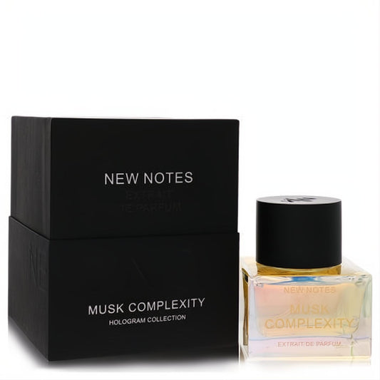 New Notes Musk Complexity 1.7 oz Extrait De Parfum. Sleek black box and captivating holographic glass bottle with gold lettering.