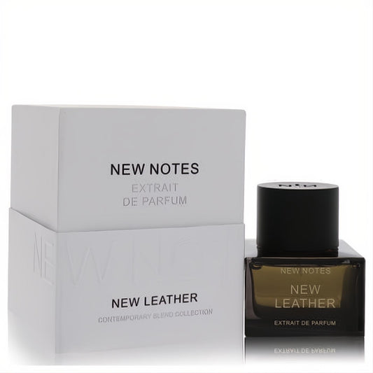 New Notes New Leather Extrait De Parfum 1.7 oz. Dark bottle with golden liquid, elegant white box. Unisex scent.