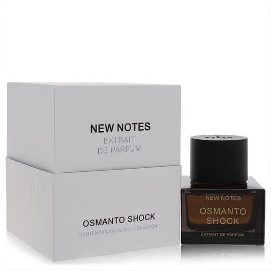 New Notes Osmanto Shock Extrait De Parfum. Elegant dark amber bottle, black cap, and sleek white packaging.