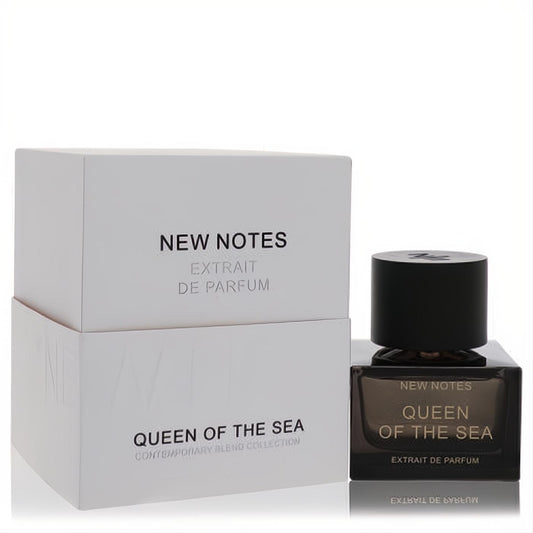 New Notes Queen Of The Sea Extrait De Parfum 1.7 oz. Elegant dark glass bottle with black cap, beside its crisp white luxury box.
